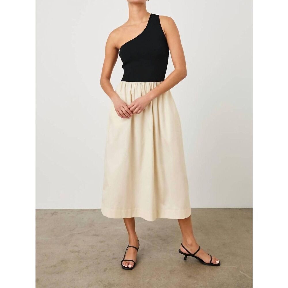 New Women's Rails Anita One Shoulder Flowy Midi Dress Black/ivory Size Medium